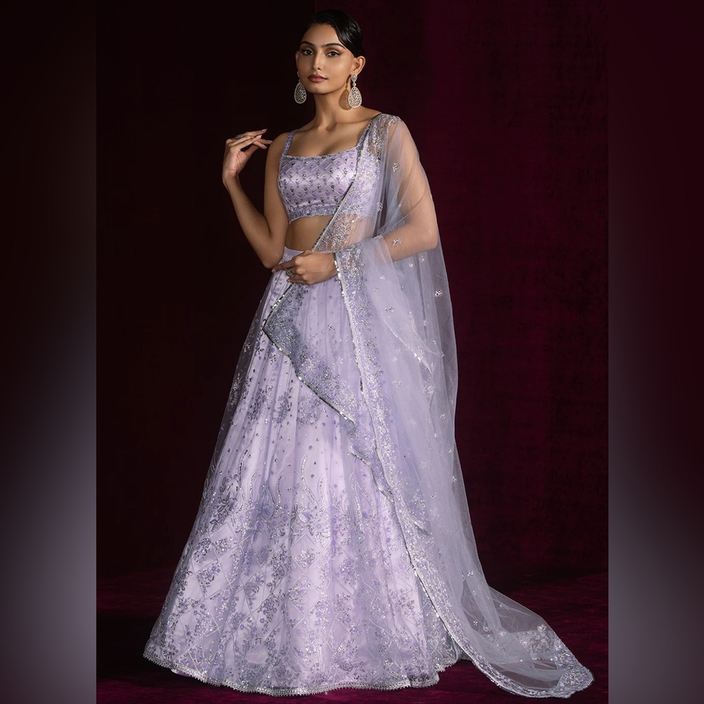 Lashkaraa Lavender Embroidered Net Lehenga